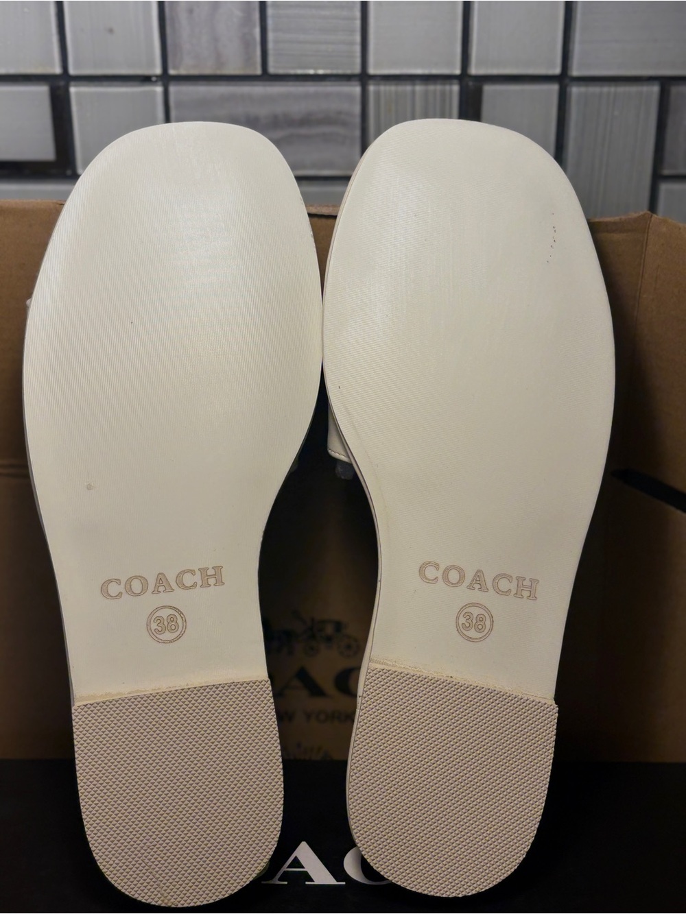 Coach Ivory Slide Sandals with Gold Emblem - Picture 3 of 4